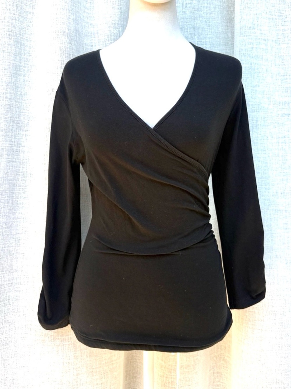 Anne Fontaine long-sleeve top deep V-neck wrap ruched detailing on the side